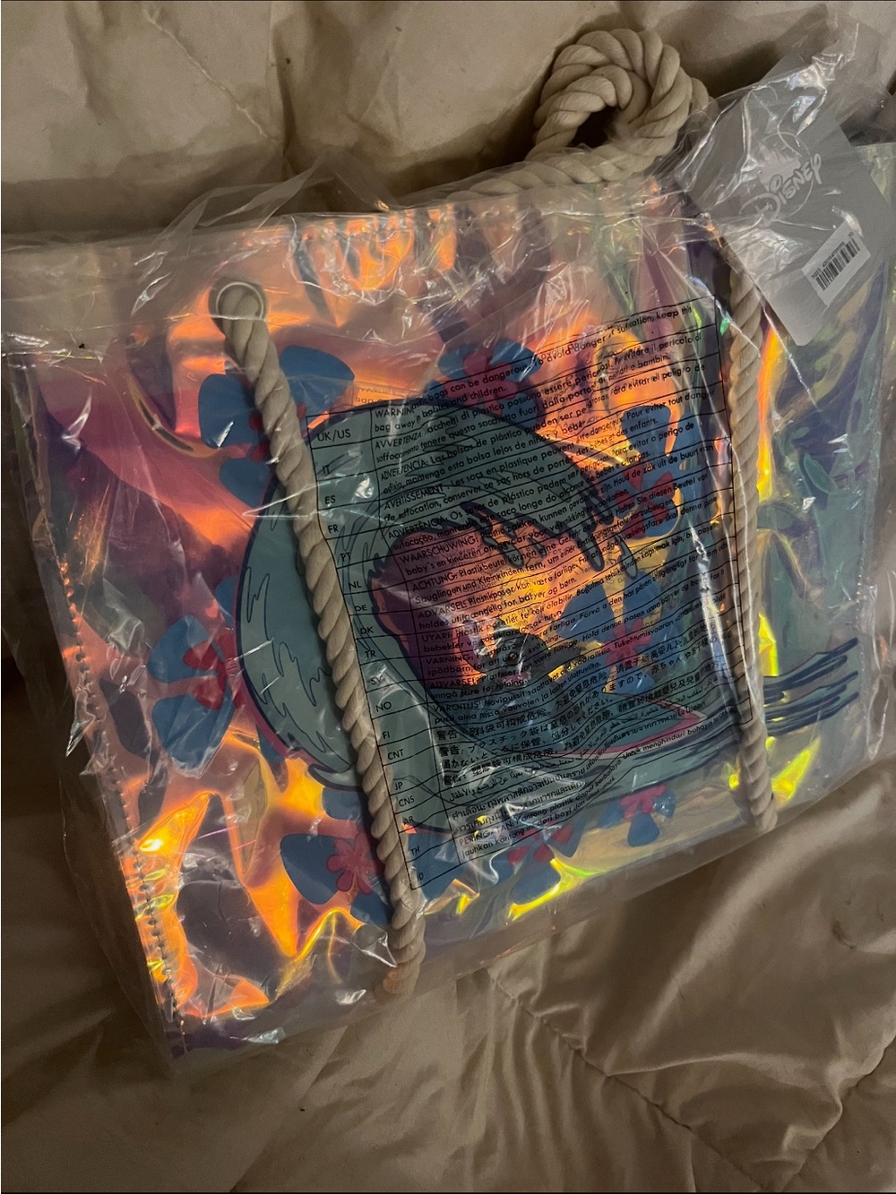 Disney Holographic Stitch Beach Tote Bag with Blue Floral Wave Design
